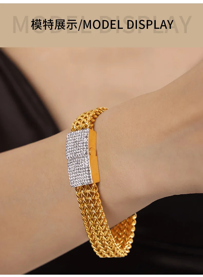 Stainless Steel Bangle Bracelet For Women Elegant Geometric Gold Plated Zircon Woven Chain Women's Hand Bracelets Luxury Jewelry