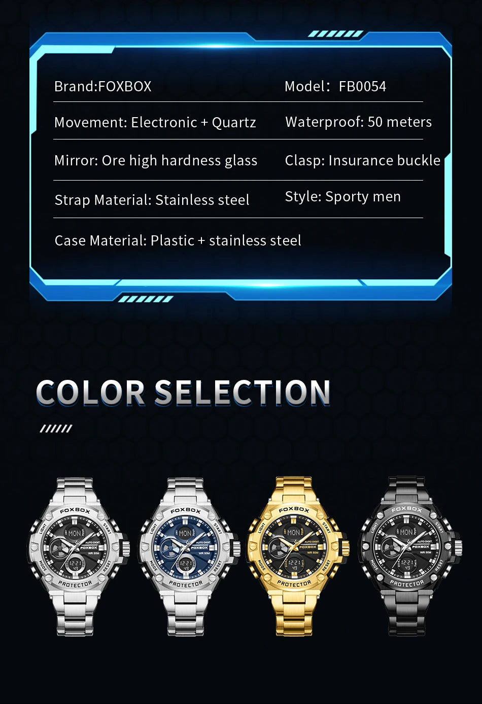 Mens Watches Luxury Fashion Sport Watch FOXBOX Top Brand Men Quartz Analog Digital Clock Male Waterproof Stainless Steel Watches