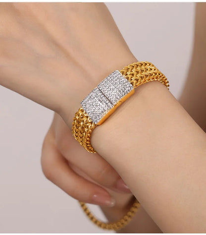 Stainless Steel Bangle Bracelet For Women Elegant Geometric Gold Plated Zircon Woven Chain Women's Hand Bracelets Luxury Jewelry