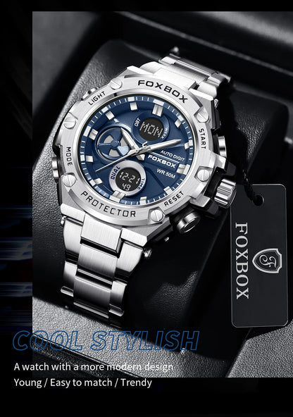 Mens Watches Luxury Fashion Sport Watch FOXBOX Top Brand Men Quartz Analog Digital Clock Male Waterproof Stainless Steel Watches