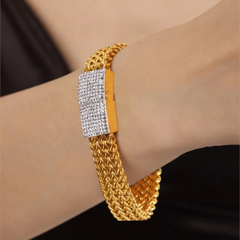 Stainless Steel Bangle Bracelet For Women Elegant Geometric Gold Plated Zircon Woven Chain Women's Hand Bracelets Luxury Jewelry