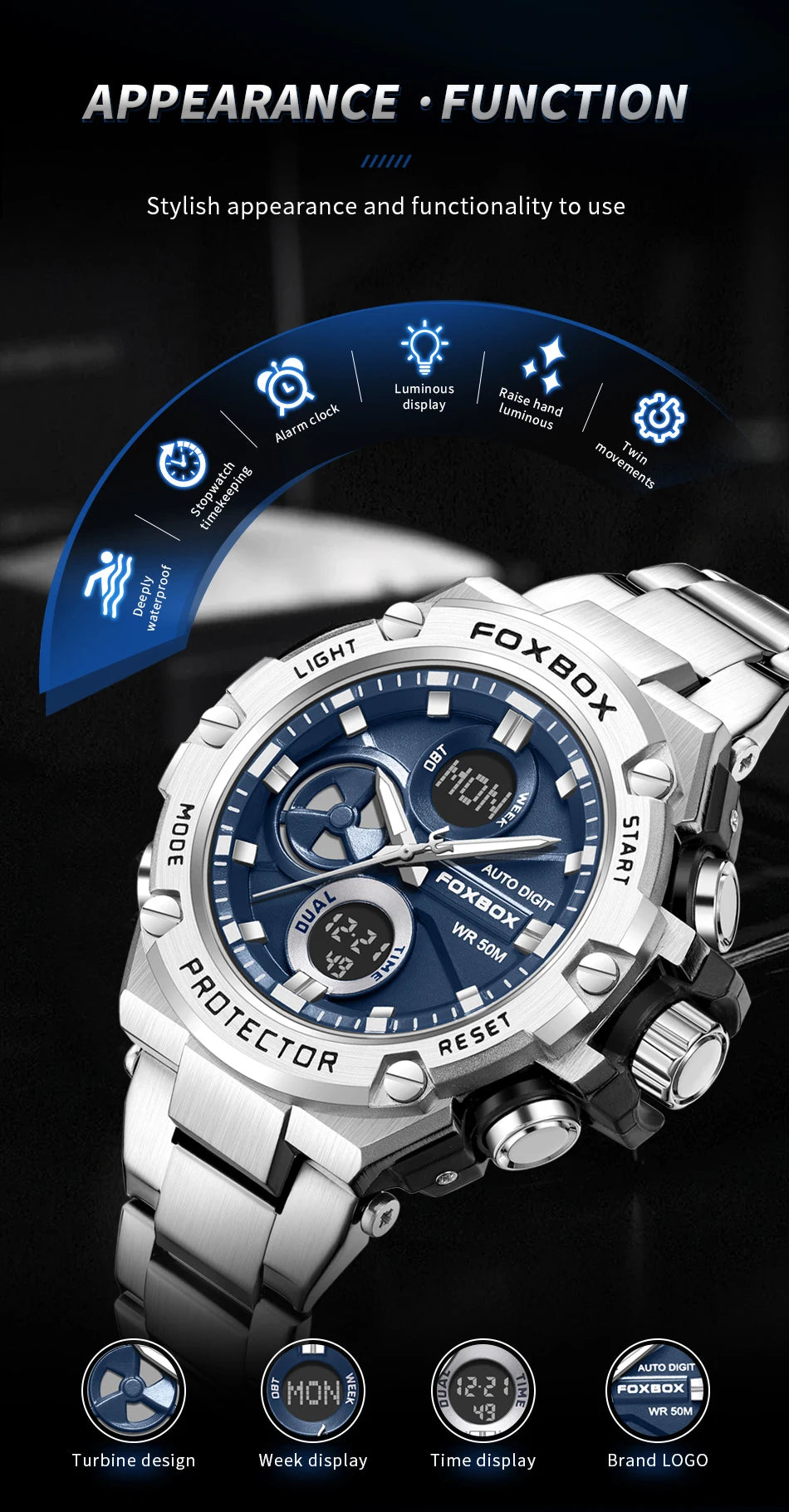 Mens Watches Luxury Fashion Sport Watch FOXBOX Top Brand Men Quartz Analog Digital Clock Male Waterproof Stainless Steel Watches