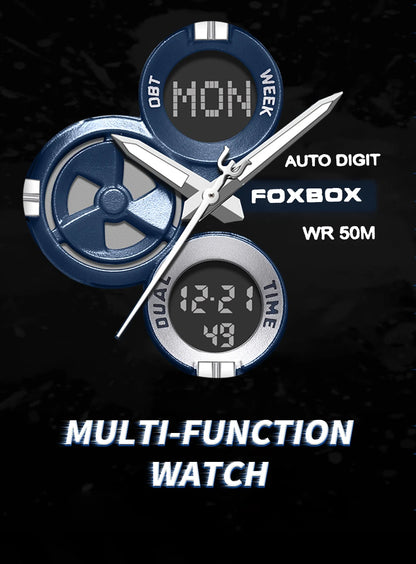 Mens Watches Luxury Fashion Sport Watch FOXBOX Top Brand Men Quartz Analog Digital Clock Male Waterproof Stainless Steel Watches