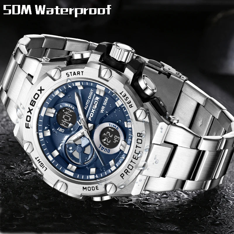 Mens Watches Luxury Fashion Sport Watch FOXBOX Top Brand Men Quartz Analog Digital Clock Male Waterproof Stainless Steel Watches