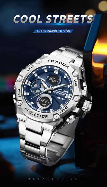 Mens Watches Luxury Fashion Sport Watch FOXBOX Top Brand Men Quartz Analog Digital Clock Male Waterproof Stainless Steel Watches