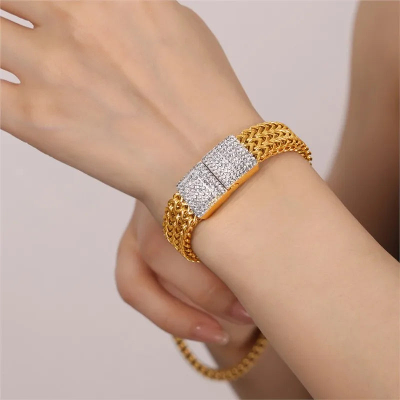 Stainless Steel Bangle Bracelet For Women Elegant Geometric Gold Plated Zircon Woven Chain Women's Hand Bracelets Luxury Jewelry