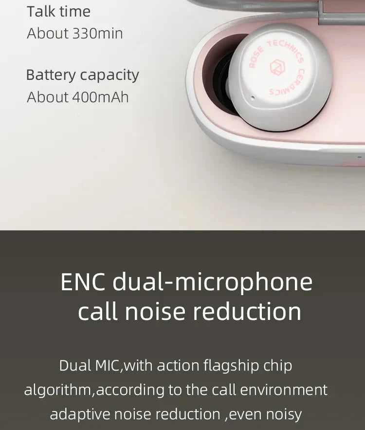 Pre-order ROSE TECHNICS Ceramics Bluetooth 5.3 Earphone Wireless with ENC Noise Canceling Dual Connect 60ms Latency for Workout