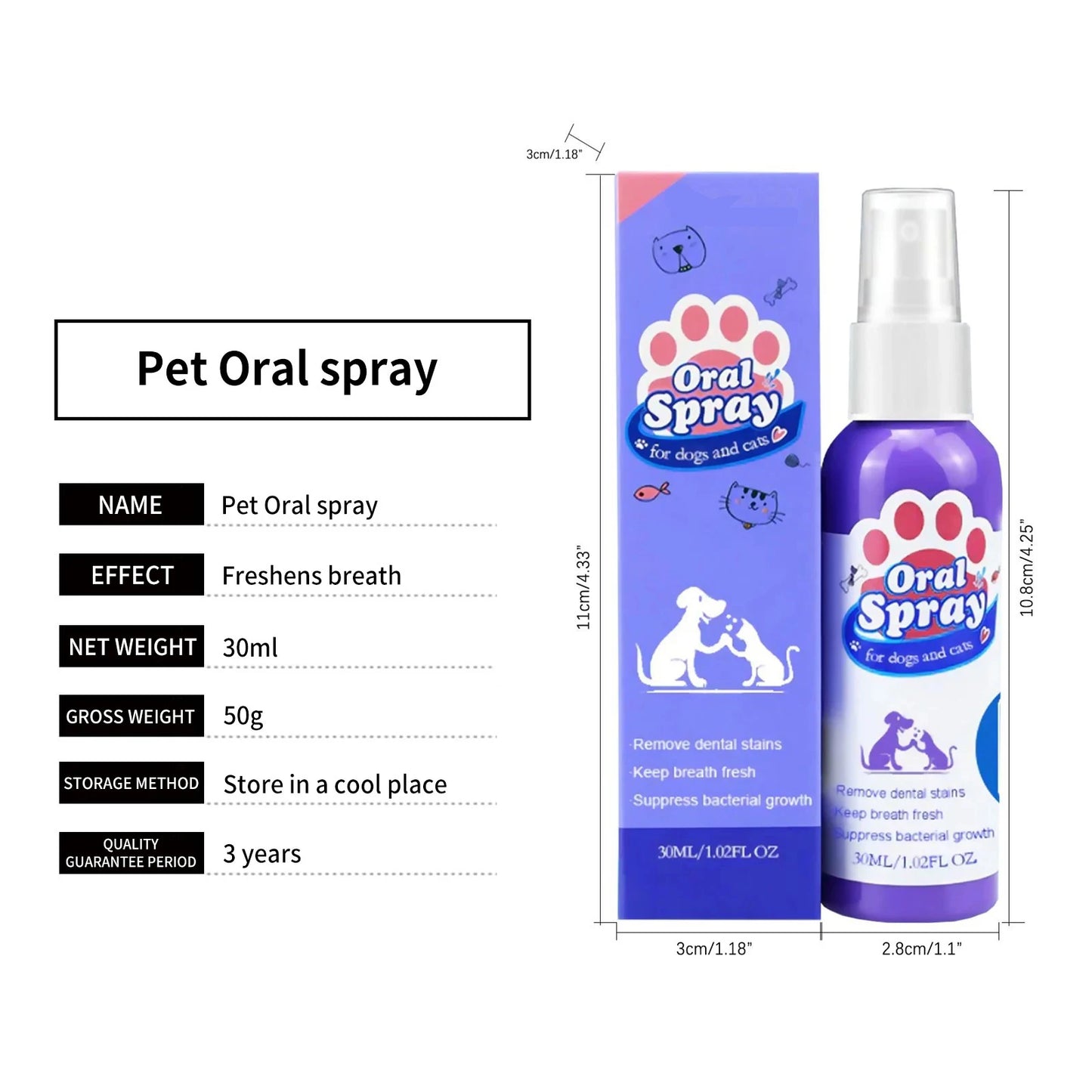 Pet Oral Dentes Limpeza Spray, Placa de Limpeza, Clareamento, Remover Gatinho Mau Hálito, Cão, Gato, Desodorante Cleaner