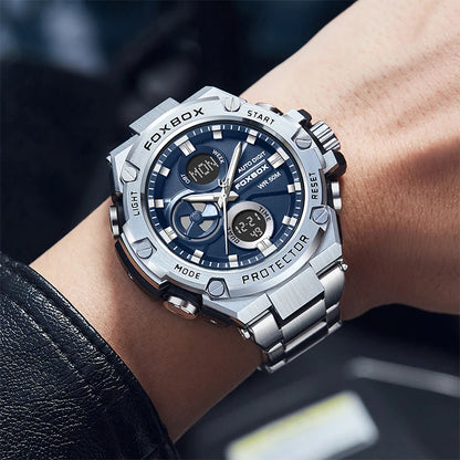 Mens Watches Luxury Fashion Sport Watch FOXBOX Top Brand Men Quartz Analog Digital Clock Male Waterproof Stainless Steel Watches